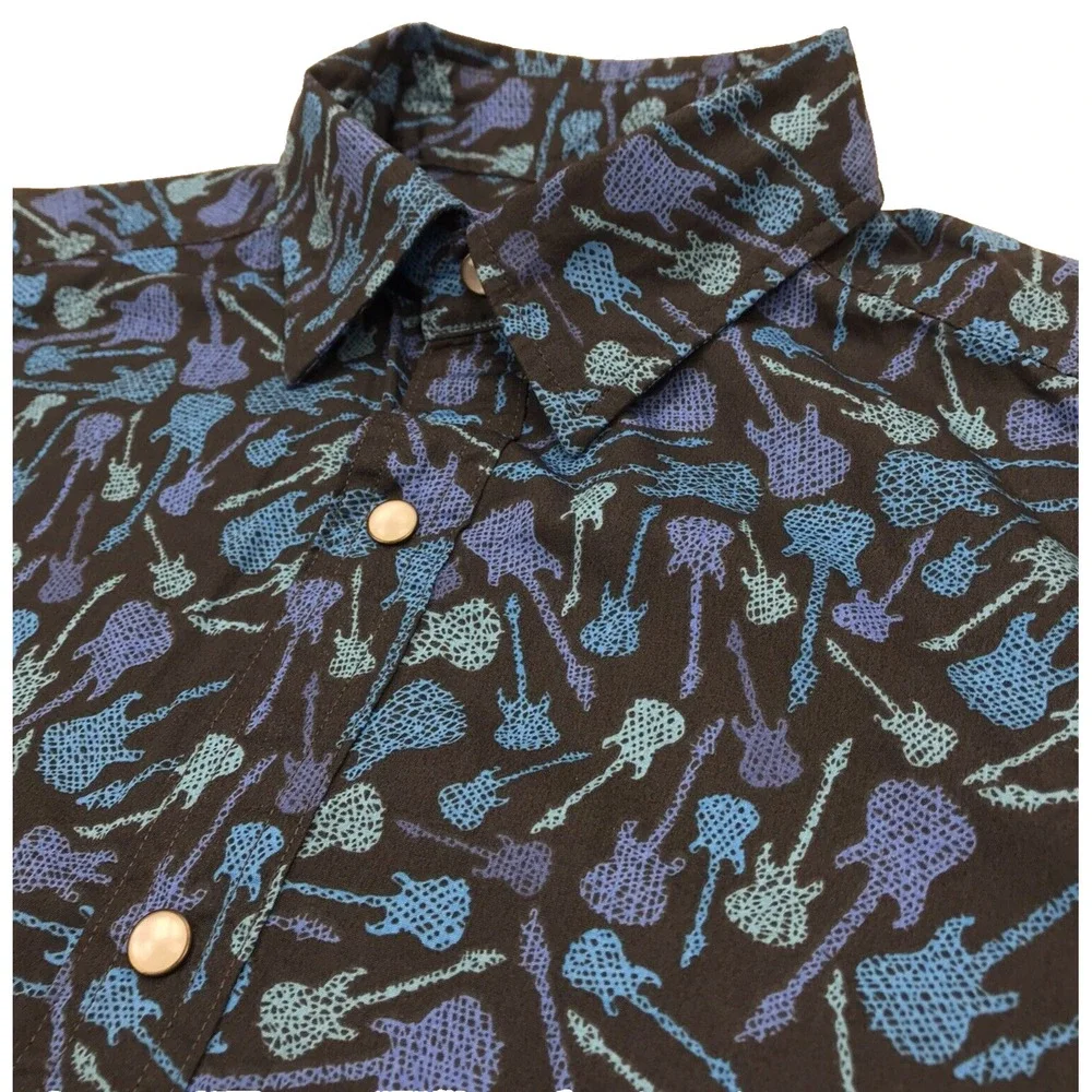 VTG Cremieux Premium Button Shirt Mens SMALL Guitars Black Blue Short Sleeve Y2K